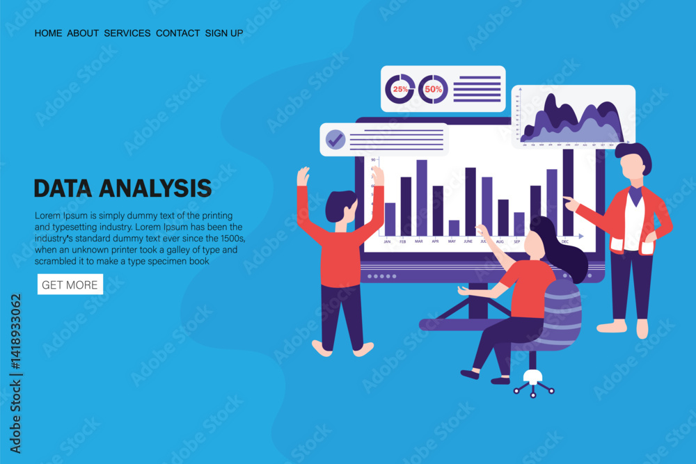 Poster data analysis group landing page template. team of statistical analysts or businesspeople analyzing 