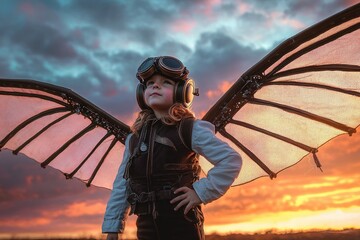 Young boy in vintage aviator costume with mechanical wings at sunset dreaming of flight and adventure