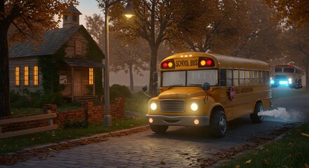 Obraz premium Nostalgic autumn scene featuring vintage school buses near a quaint schoolhouse