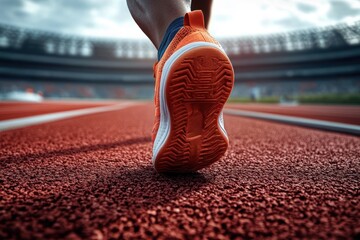 Athlete ready to sprint on red track in stadium close up