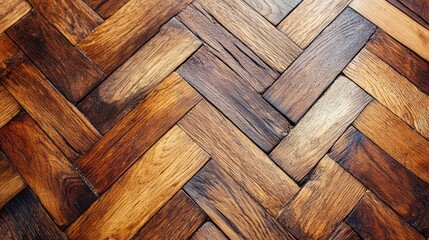 Dark herringbone pattern wood flooring with warm tones is displayed
