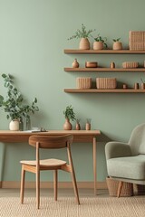 Modern, minimalist home office with shelves and plants