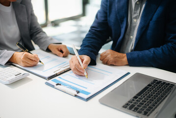 Co working team meeting concept, business with smart phone and laptop and digital tablet computer