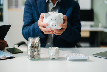 Save smart! Explore financial planning with coins, piggy banks, and digital tools. Perfect for savings, banking, and business