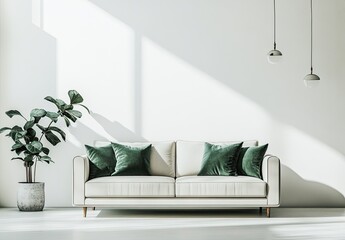 Sunlit living room with off-white sofa, green velvet cushions, and fiddle-leaf fig