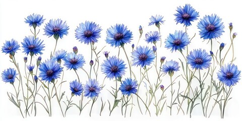 vibrant blue cornflowers botanical illustration detailed floral isolated on white background