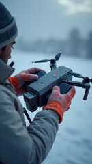 Hands launch a thermal drone into gale winds. Textures: crackling battery, smeared touchscreen. Pixelated heat signatures flicker.