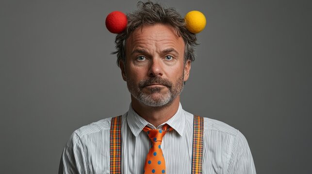 In a striking blend of seriousness and whimsy, a businessman dons clown accessories, including colorful balls on his head and a brightly patterned tie
