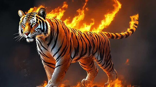 Majestic tiger walking through flames, showcasing power and intensity in a dramatic setting