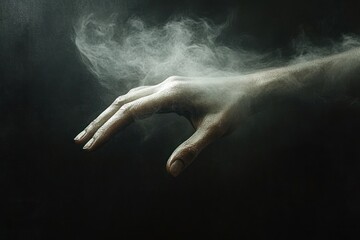 Surreal eerie hand emerging from mist with dramatic dark background