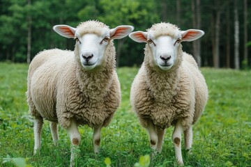 Fototapeta premium Two white sheep standing in green meadow with forest background in soft natural light