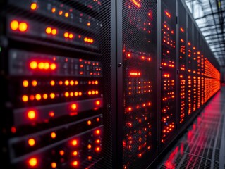 Obraz premium Data Center Infrastructure: A Vast Array of Server Racks Illuminated with Red Lights, Representing Power and Connectivity in a Modern Network Hub.