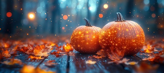 Autumn pumpkins on wooden table with fall leaves and warm soft lights festive seasonal background