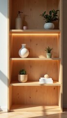 Fototapeta premium Futuristic wooden shelf, clean lines & soft light, ideal for product shots , mockup, backdrop