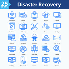 Disaster Recovery is a collection of icons in sheet format representing system restoration, technical support, and digital emergency response.