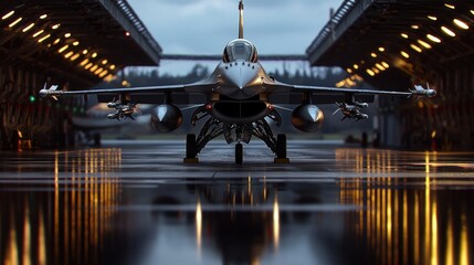 Obraz premium Fighter jet in hangar, rain reflections, military aircraft, nighttime