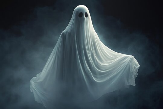 Eerie ghost figure in white sheet with dark misty background and cinematic lighting