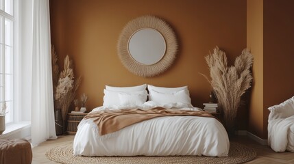 A beautifully decorated bedroom with bohemian inspired elements is showcased