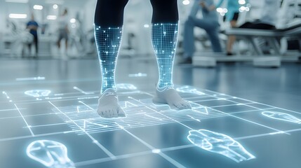 Digital rehabilitation progress chart overlaying a person doing knee exercises for physical therapy healthcare and wellness tracking and monitoring
