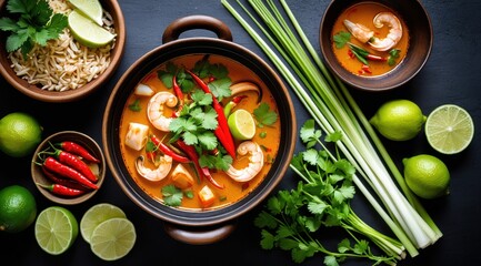 A vibrant bowl of Thai tom yum soup with prawns, tofu, red chili peppers, and fresh herbs, surrounded by lime and ingredients on a dark background