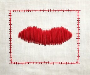 Minimalist red embroidery on white canvas with symmetrical stitches modern textile design clean aesthetic