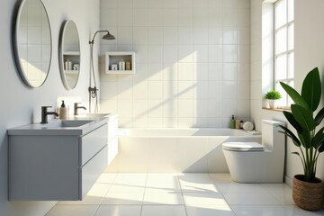 Sunlit bathroom, white tiles, toiletries, copy space, home, design