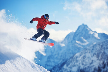 Snowboarder in Colorful Jacket Jumping Off Mountain During Sunny Winter Day