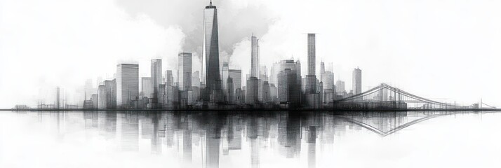 Fototapeta premium Minimalist Johannesburg Skyline with Modern Skyscrapers and Suspension Bridge Black and White Line Art