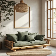 Living room features a sofa beneath a framed empty print