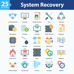 System Recovery is a collection of icons in sheet format representing system restoration, technical support, and digital emergency response.
