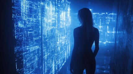 Woman Explores Digital Data Walls.