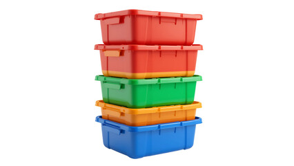 Stack of colorful plastic storage bins containers organizing boxes for home office school and garage storage