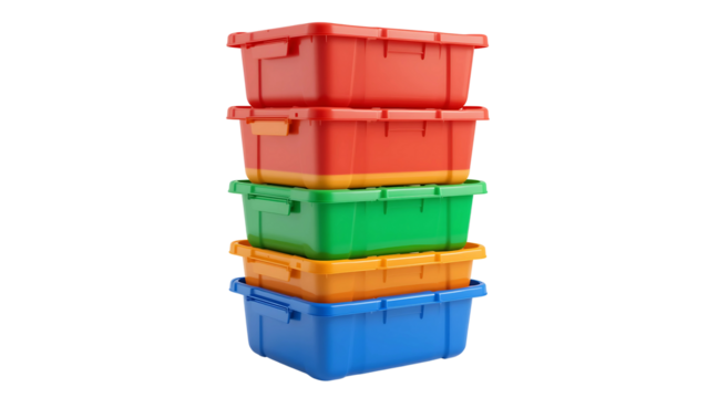 Stack of colorful plastic storage bins containers organizing boxes for home office school and garage storage