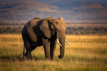 A big African elephant with tusks roams the wild Kenya savanna
