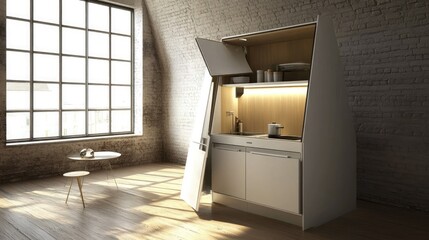 A compact, retractable kitchenette design for small spaces.