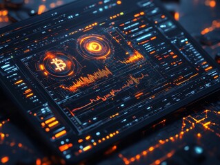 Obraz premium Bitcoin Trading Interface with Futuristic Design Displaying Market Charts and Data Analysis Visualization, Orange Glow on Dark Background