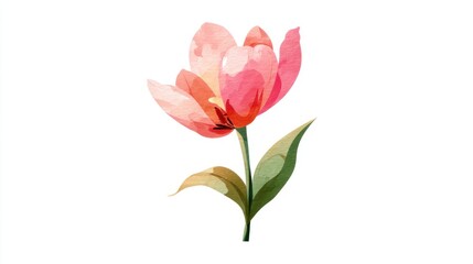 Obraz premium Delicate Watercolor Painting of a Single Light Pink Tulip Surrounded by Lush Green Leaves on a Pure White Background for Floral Design Inspiration