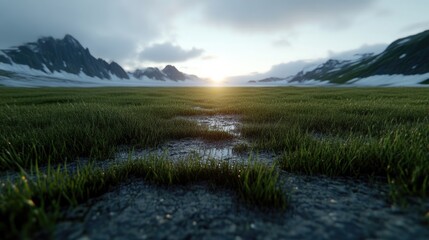 Obraz premium Lush meadow at dawn in a snowy mountain landscape