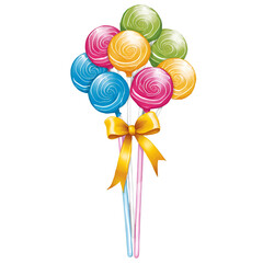 Illustration of a Whimsical Cake Pop Bouquet Tied with a Yellow Ribbon, Suitable for Celebratory Designs and Sweet-Themed Projects, Colorful Treat