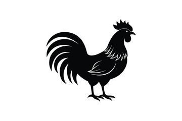 Silhouette art illustration of a rooster with raised head and flared tail feathers.eps