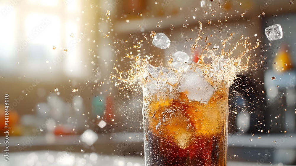 Poster exploding glass of soda with ice cubes crashing into it creating a fizzy burst of bubbles splashing 