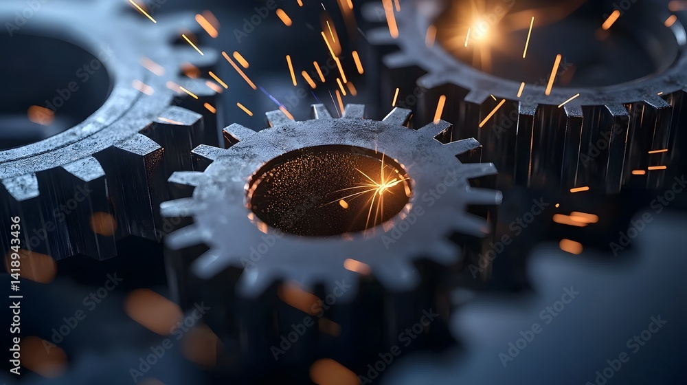 Poster two interlocking mechanical gears grinding together with immense pressure causing intense friction a