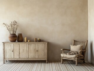 A rustic wooden cabinet with a rattan chair and dried flowers against a beige wall