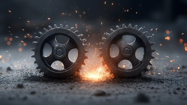 Two metallic gears grinding together under immense pressure creating friction and generating bright sparks in a powerful industrial mechanical system or engineering device