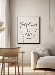 A minimalist line drawing of a face in a black frame on a white wall