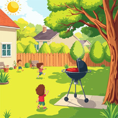 Sunny Backyard Barbecue Fun with Running Children