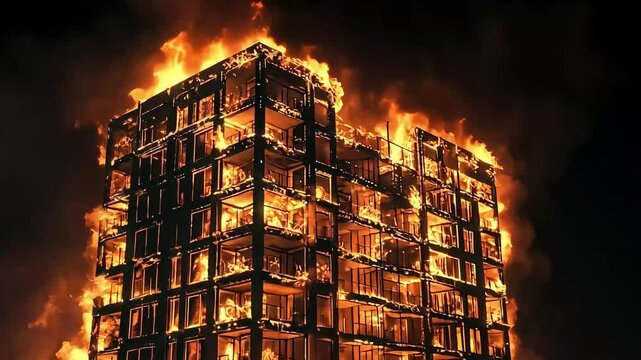 A high-rise building engulfed in flames at night, with intense fire illuminating the surroundings