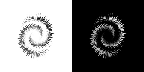 Dynamic abstract spiral sound wave rhythm lines. Circular spiral sound wave rhythm of lines. Circular futuristic abstract lines, black and white background.