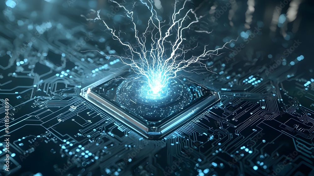Poster futuristic energy core being struck by a powerful power surge creating an intense electric explosion