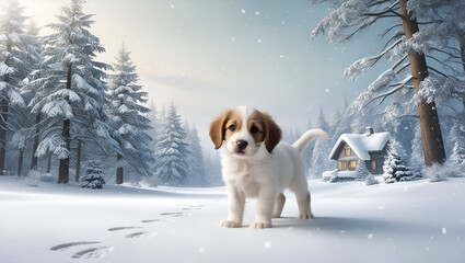 Happy puppy bounding through a soft snowfall, set against a serene and snowy backdrop